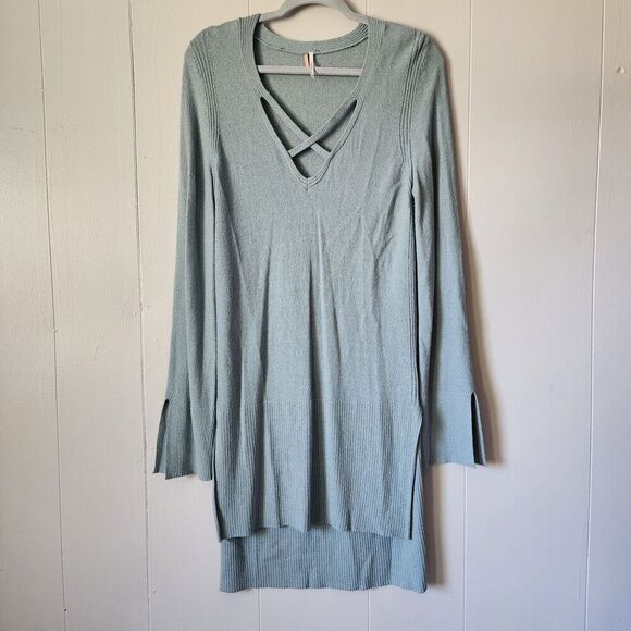 Free People Sweaters - Free People Criss Cross Side Slit Tunic Hi-Low Knit Sweater Size Medium Blue